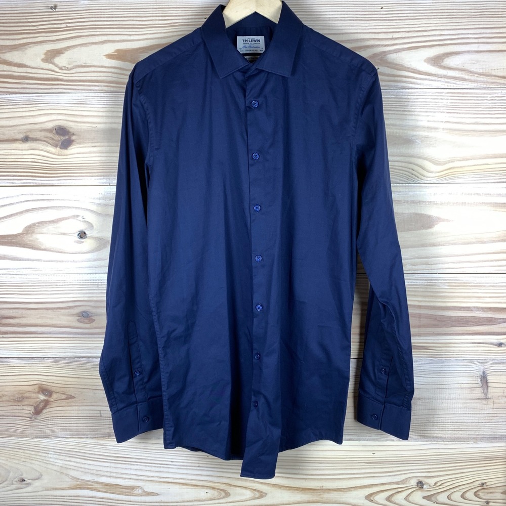 T.M. Lewin Dress Shirt Mens 16.5 42cm Navy Super Fitted Cotton Luxury Shirtmaker